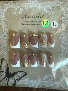 Hand Painted Acrylic Nude & Gold Press-On Nail Set with Rhinestones